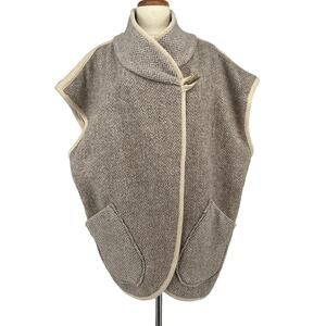 Vtg Natural Knitwear Wool Blanket Vest Coat Tan Tweed Reversible Herringbone MCM